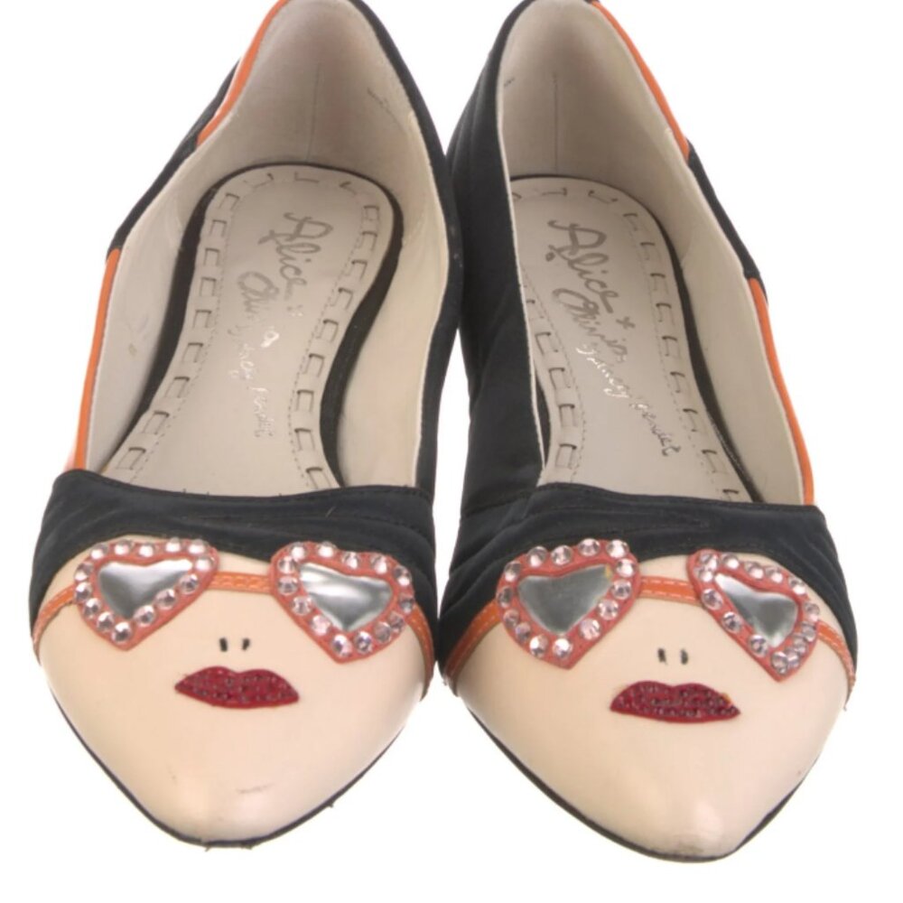 Alice & Olivia Signature Stacey Point Toe "Stace Face" Flats Size 9 Black Satin - Picture 2 of 8